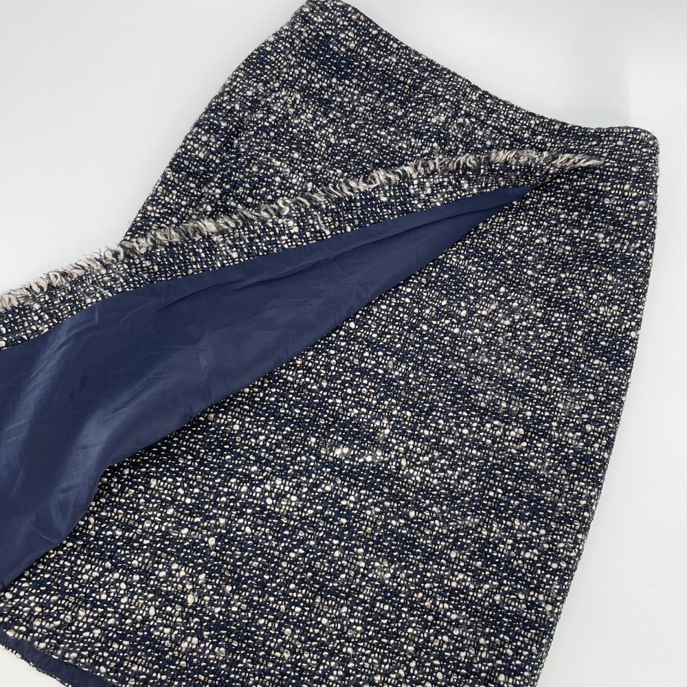 J Crew Womens 8 Navy Metallic Tweed Wool Blend Faux Wrap Pencil Skirt Fringe - Picture 11 of 11